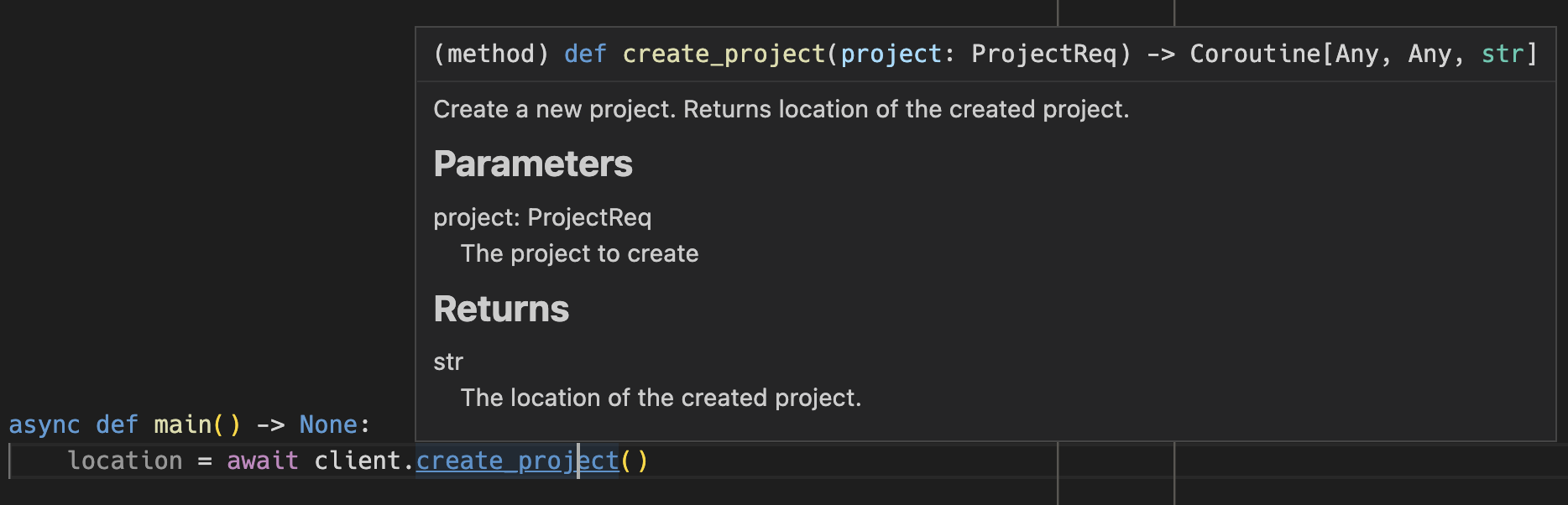 IDE screenshot showing the type of the argument to the create_project method