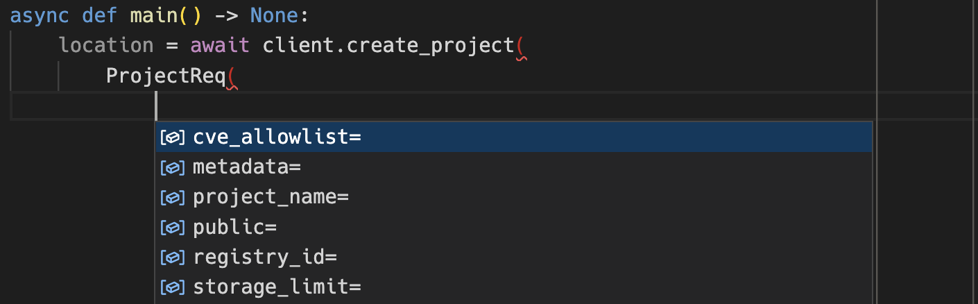 IDE screenshot showing autocomplete for a project model instance