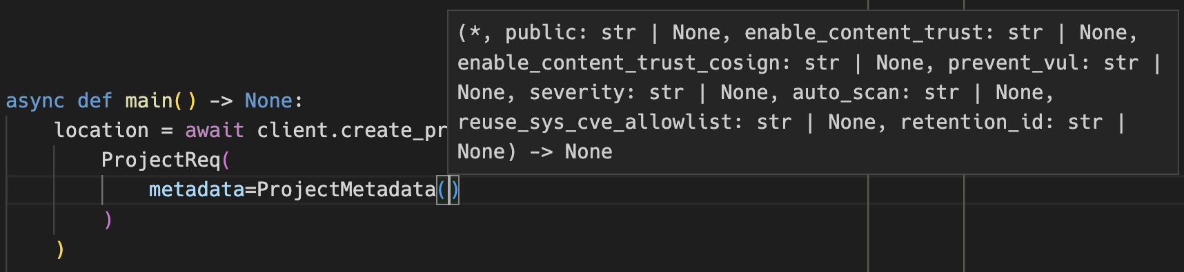 IDE screenshot showing autocomplete for a project metadata model instance